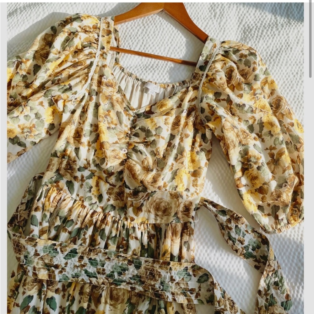 Ivy City Co Marigold Floral Print Cottagecore Puff Sleeve  Midi Dress